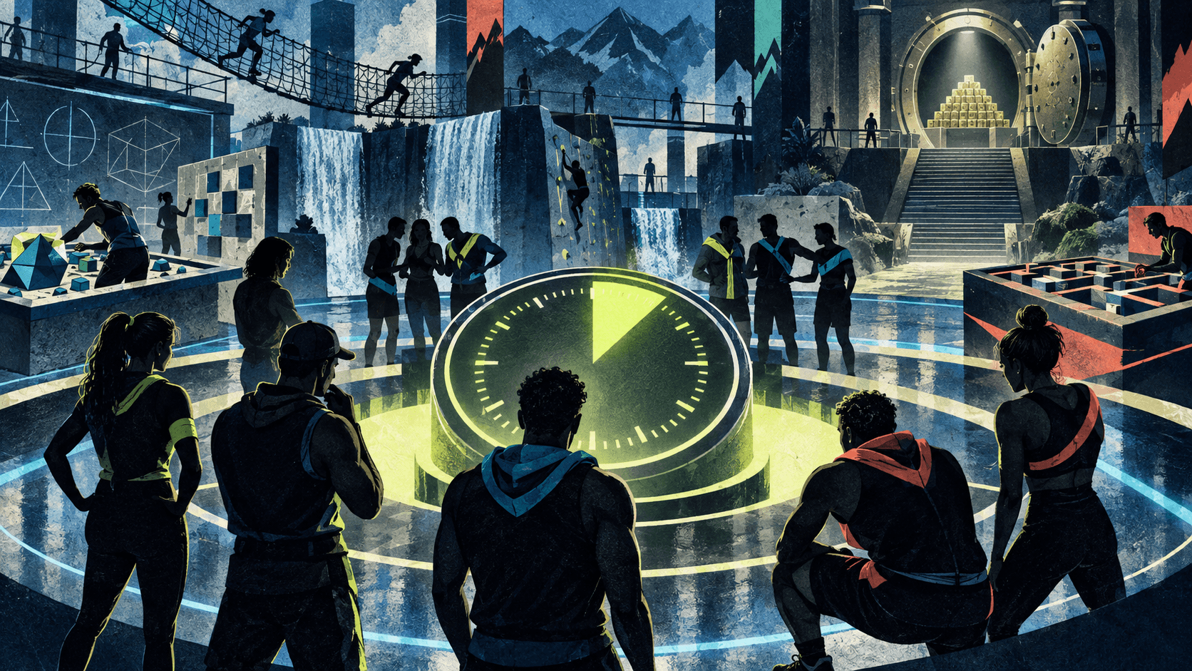 Anonymous competitors surrounding a glowing countdown clock in a strategy and physical challenge arena