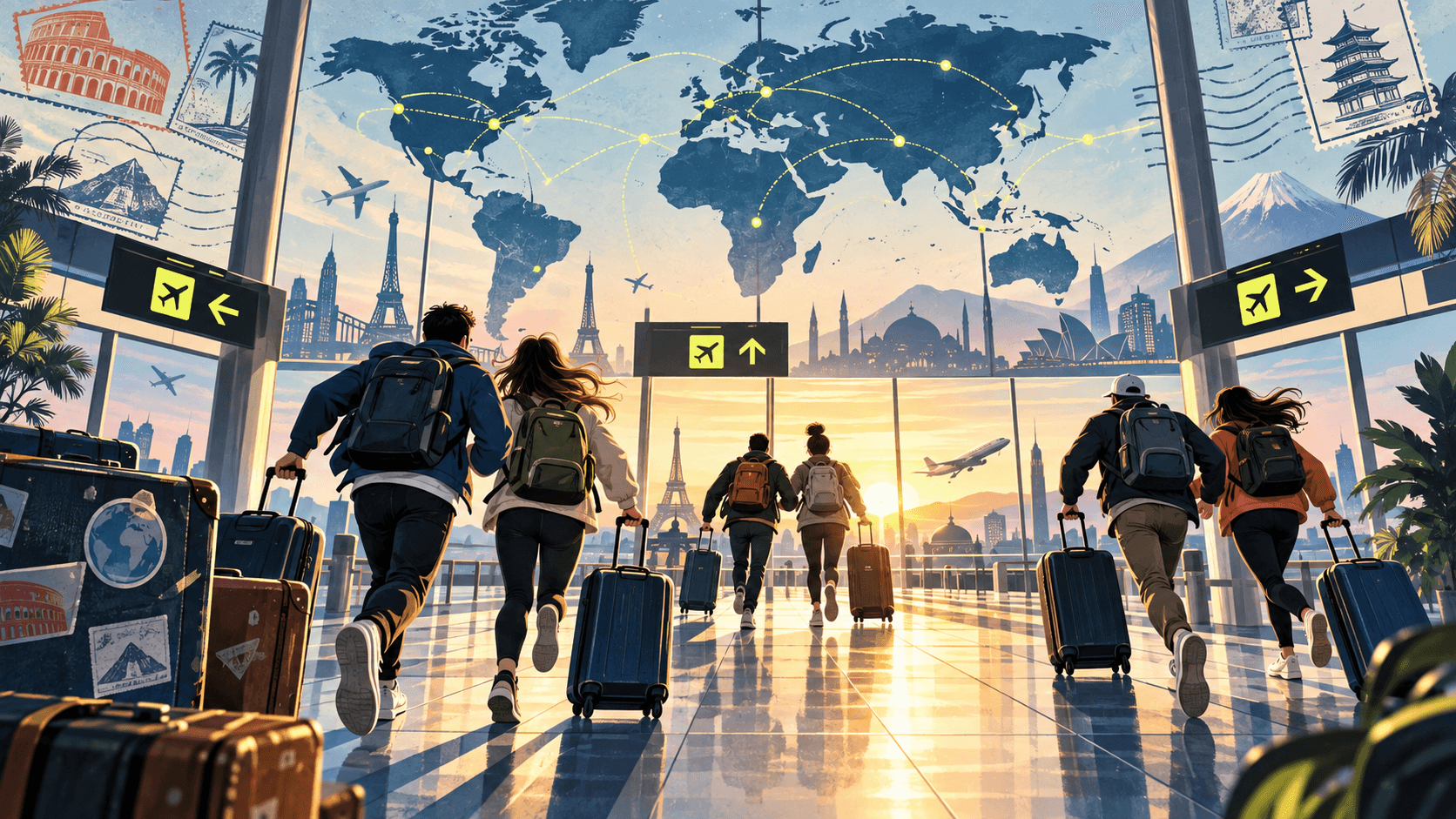 Anonymous teams of two racing through an illustrated international airport beneath a world map