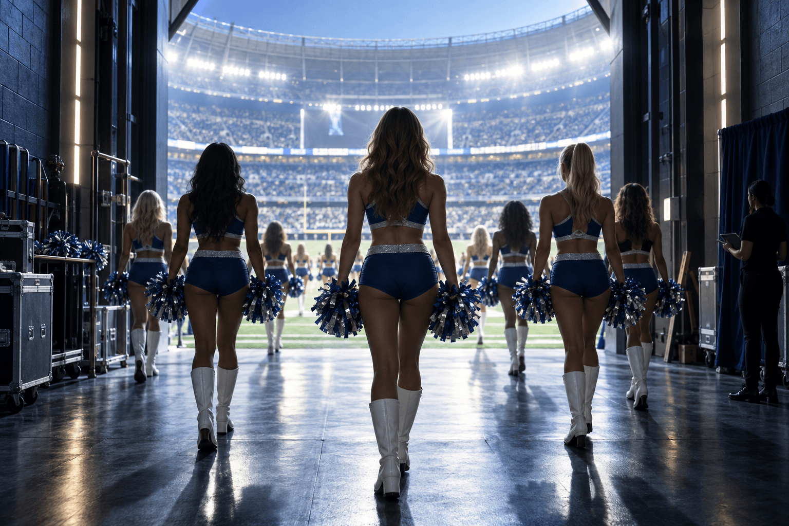 Anonymous professional cheerleaders walking through a stadium tunnel toward a brightly lit field
