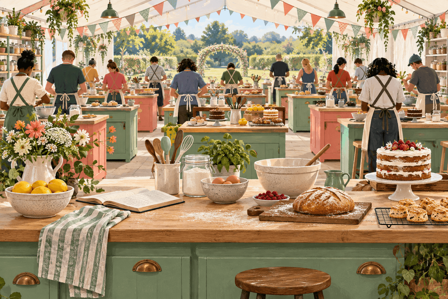 Anonymous bakers working in a bright illustrated garden baking tent