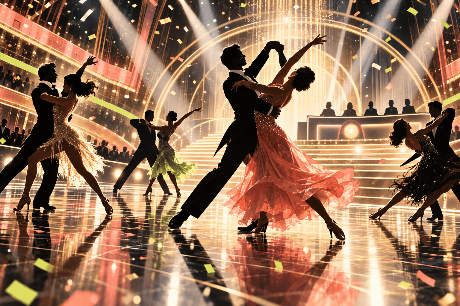 Anonymous dance pairs performing in an illustrated television ballroom