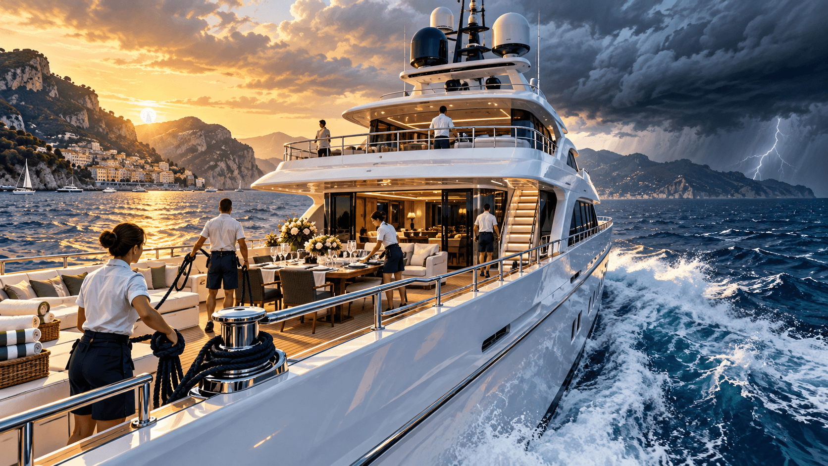 Anonymous yacht crew preparing a luxury vessel as storm clouds gather over illustrated Mediterranean-style water