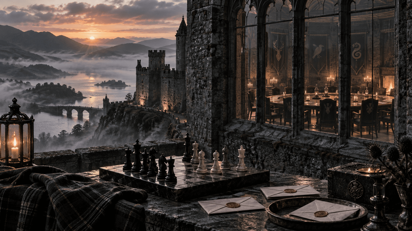 Misty castle and roundtable prepared for a deduction game