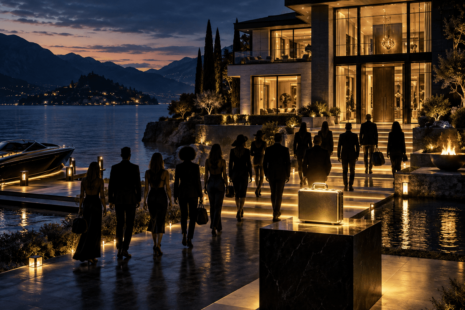Thirteen anonymous competitors approaching an illuminated lakeside estate with a gold briefcase in the foreground