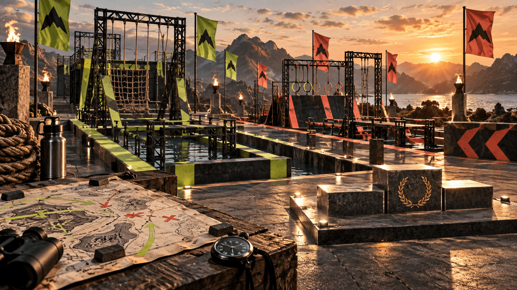 Whimsical colorful competition arena with gates and game stations