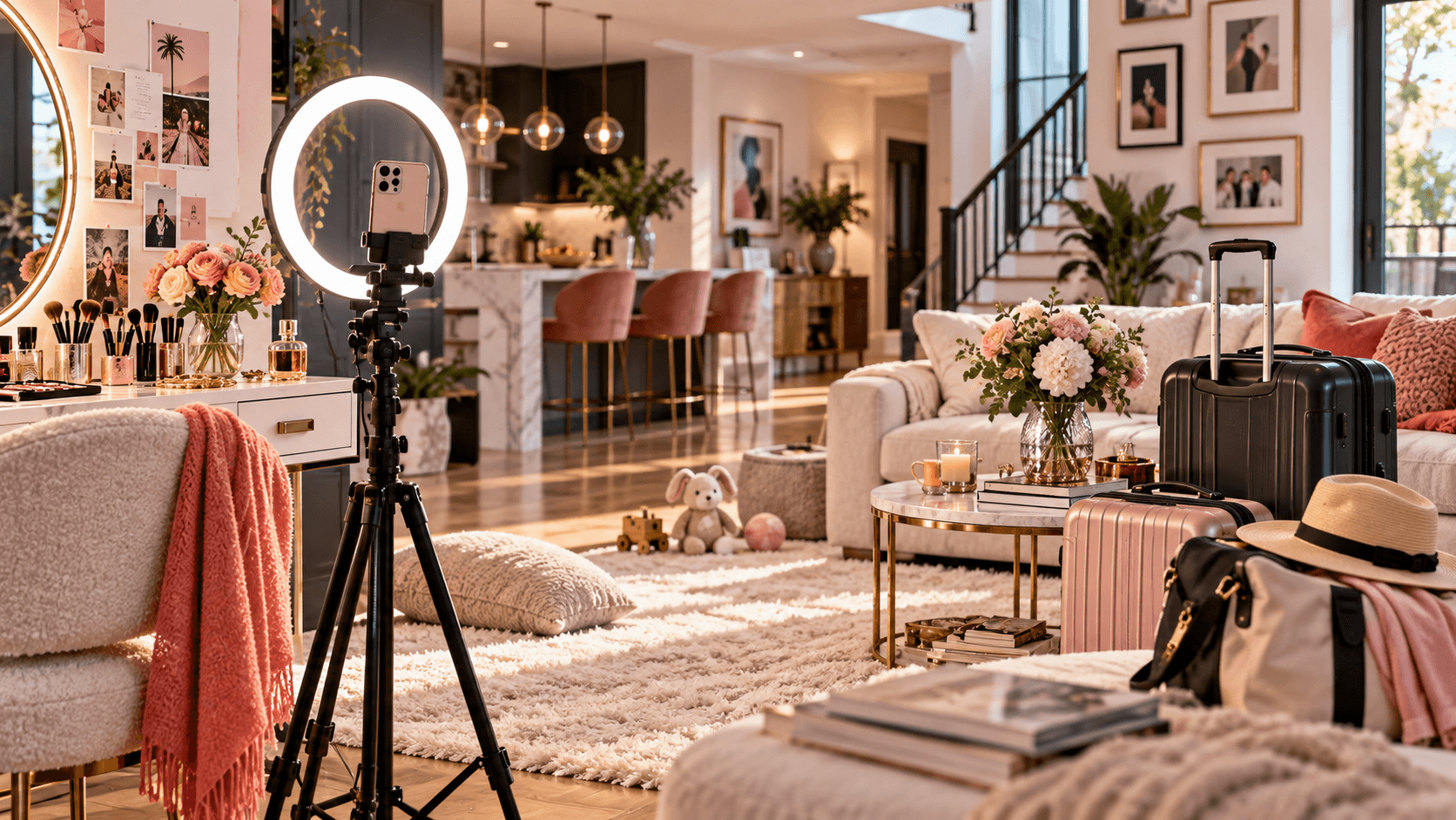 An illustrated creator studio and family living room prepared for filming