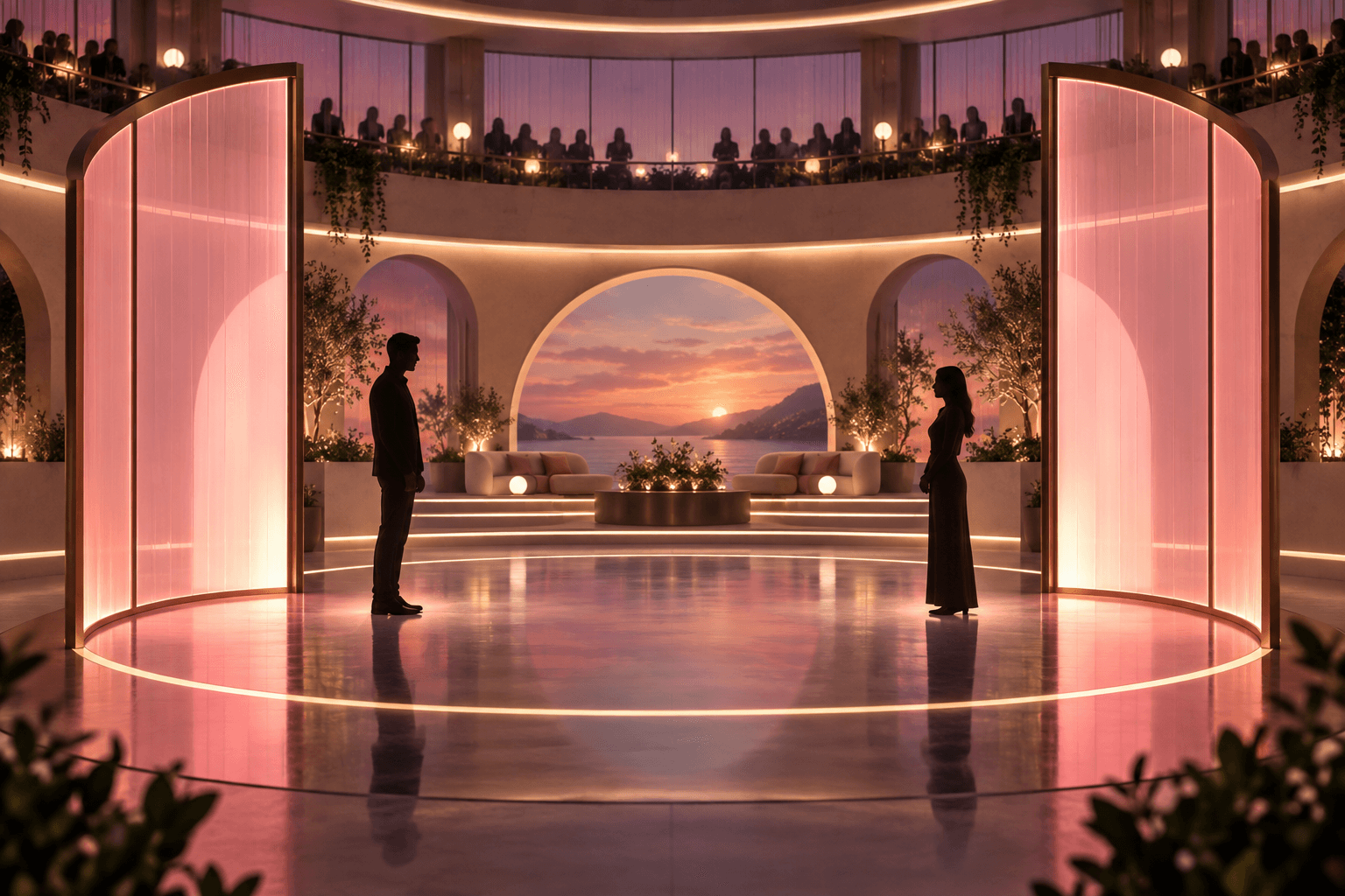 Two anonymous adults meeting in an illustrated circular dating experiment set
