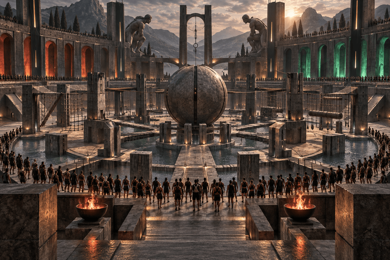 Large illustrated athletic competition arena surrounded by anonymous athletes