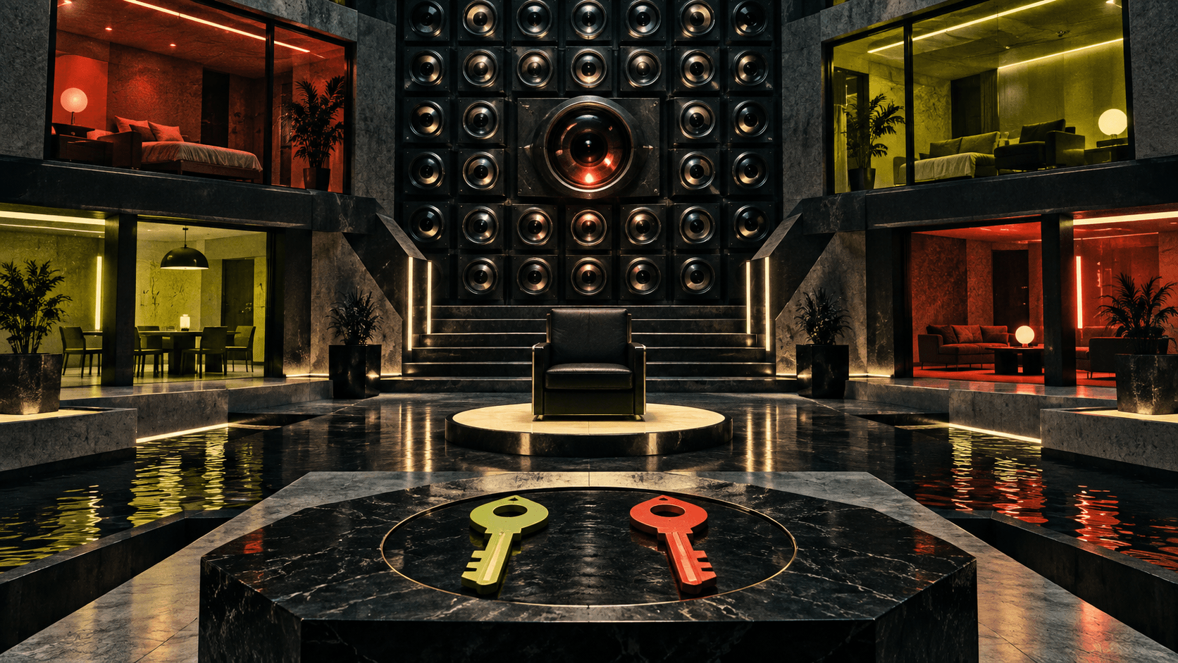 Geometric command room with illuminated game controls