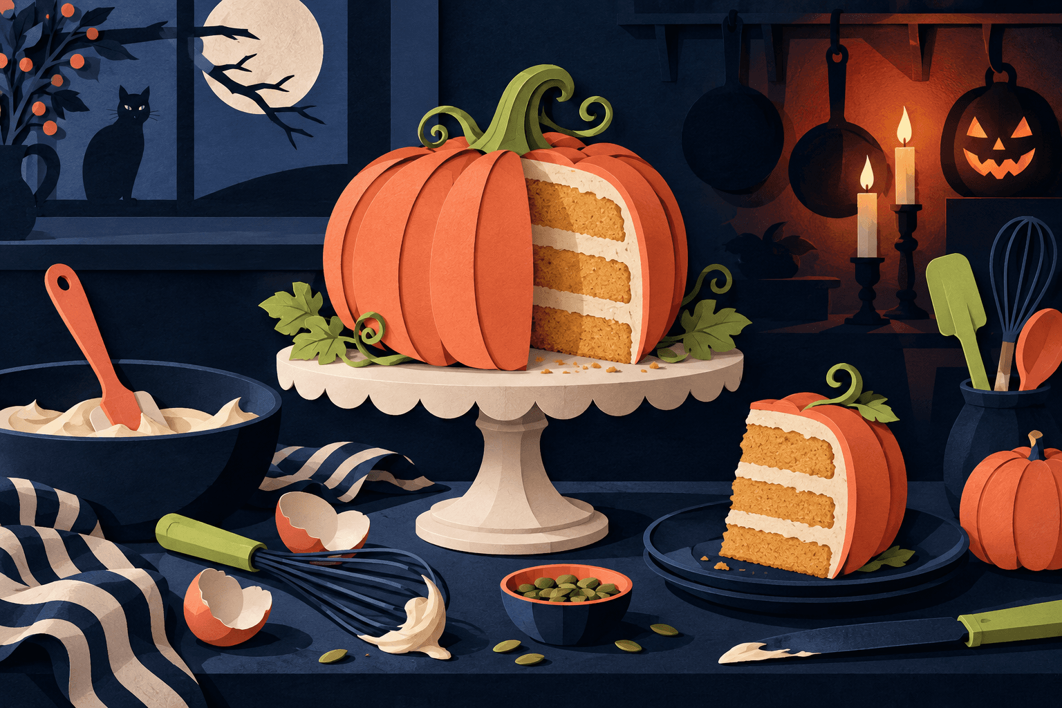 Original illustration of a pumpkin cake sliced to reveal sponge and frosting in a Halloween-themed kitchen