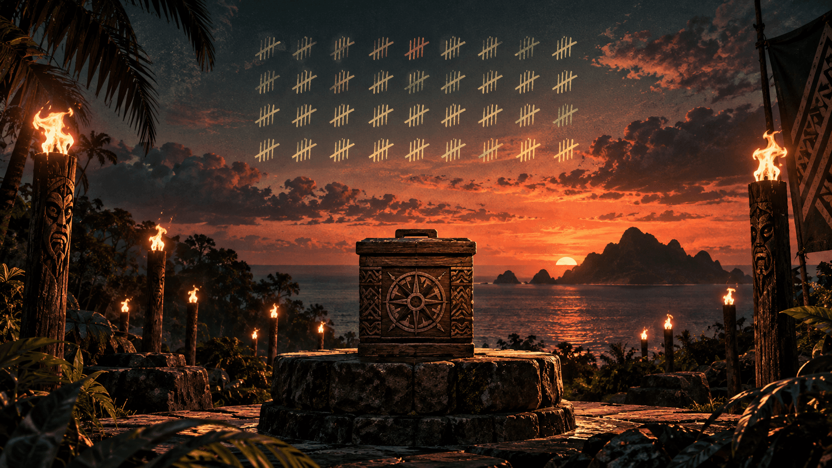 Torchlit tropical competition set at sunset