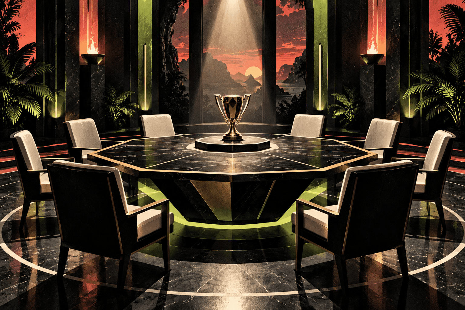 Original conceptual illustration of an empty strategy table and trophy