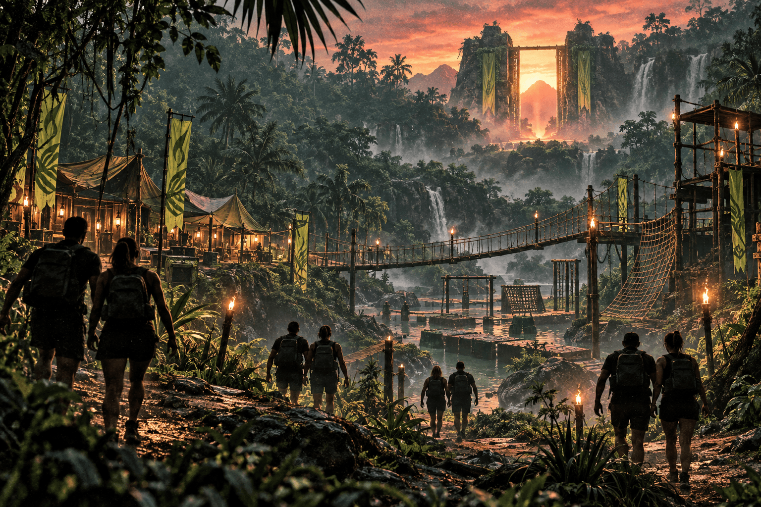 Anonymous pairs entering an illustrated jungle competition camp at dusk
