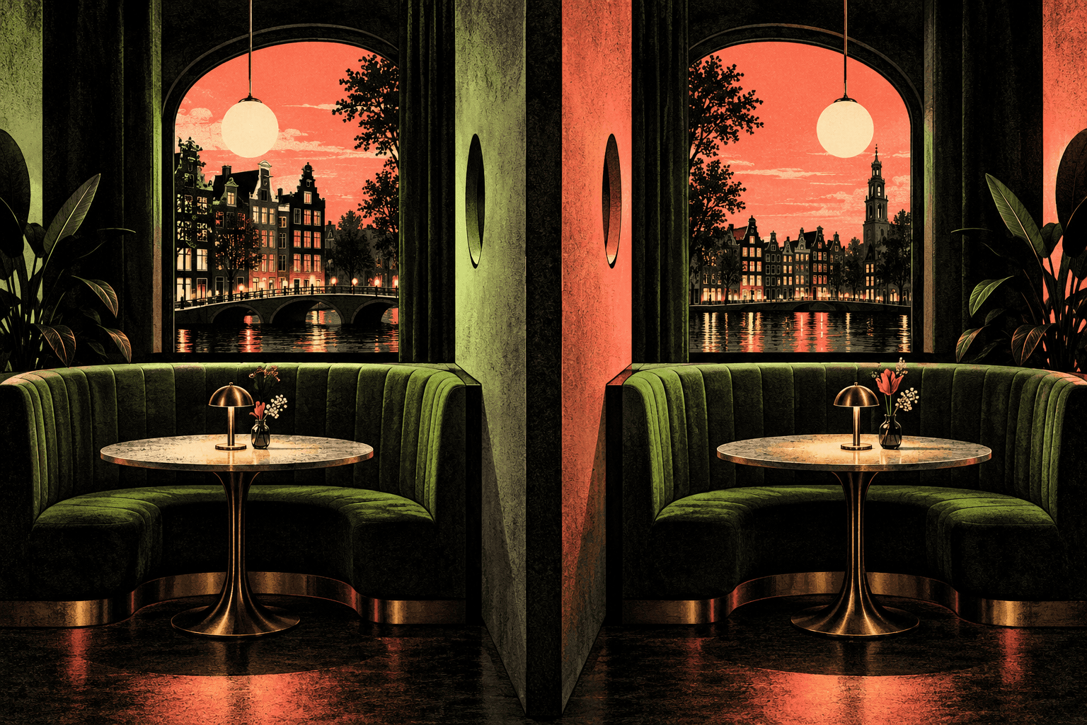 Original conceptual illustration of separate dating booths with Dutch canal houses