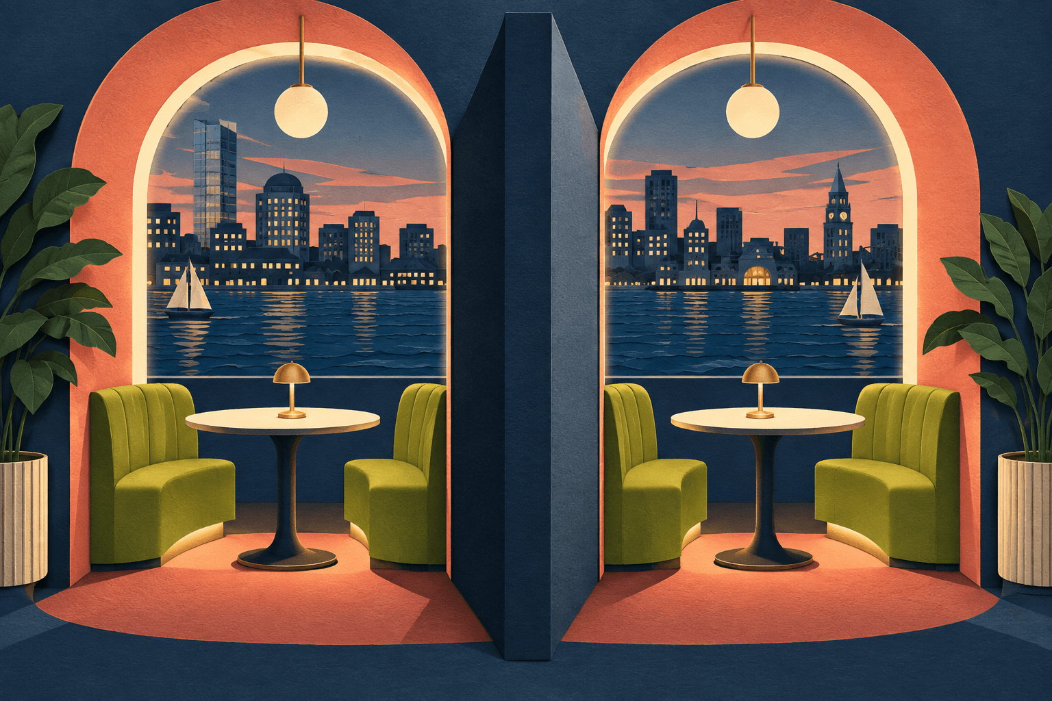 Original illustration of two empty dating booths separated by a wall with a Boston-inspired waterfront behind them