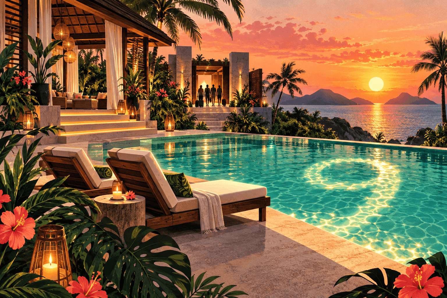 An illustrated tropical villa terrace and pool at sunset with anonymous arrivals in the distance
