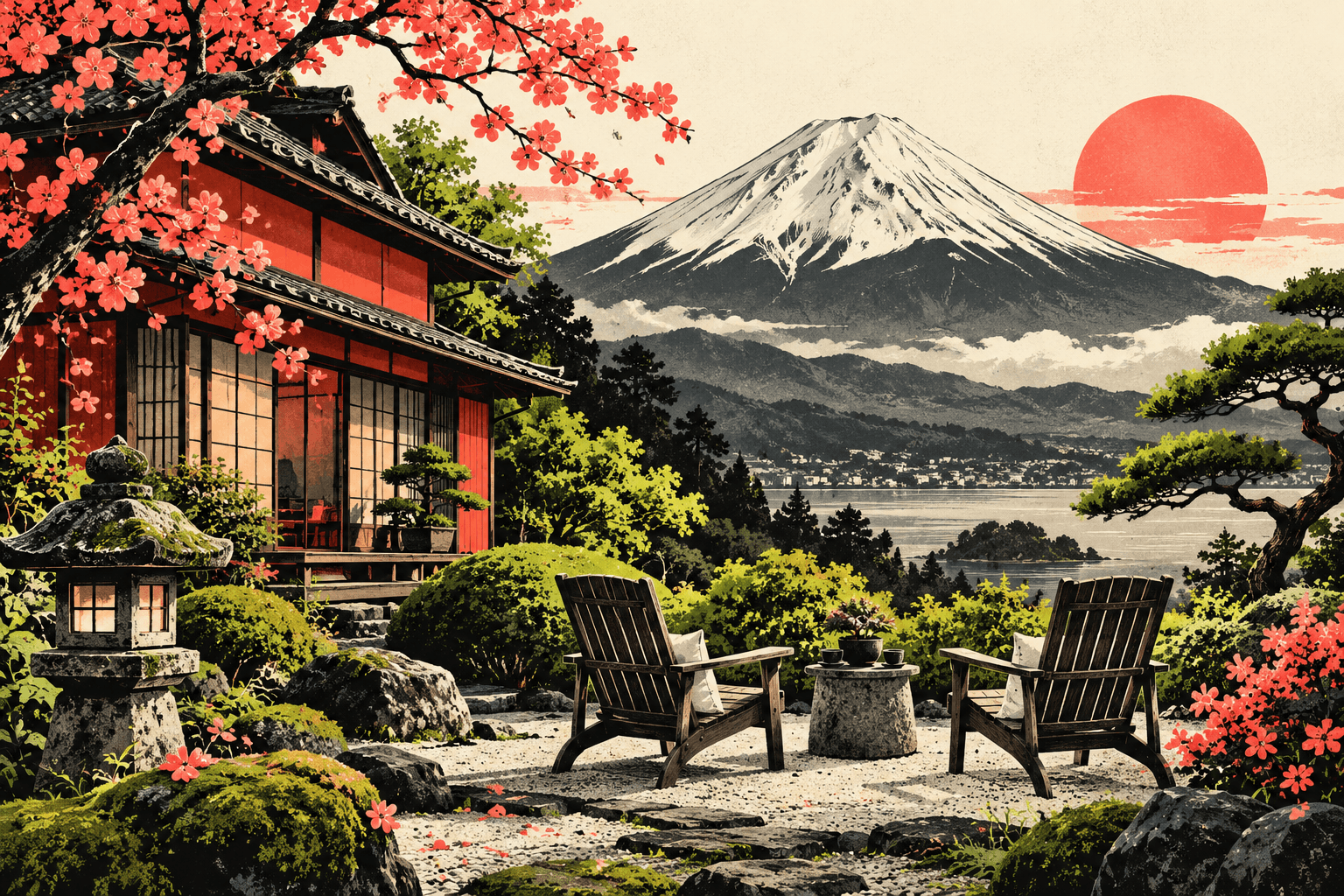 Original conceptual illustration of a red rural house, garden and empty chairs beneath Mount Fuji