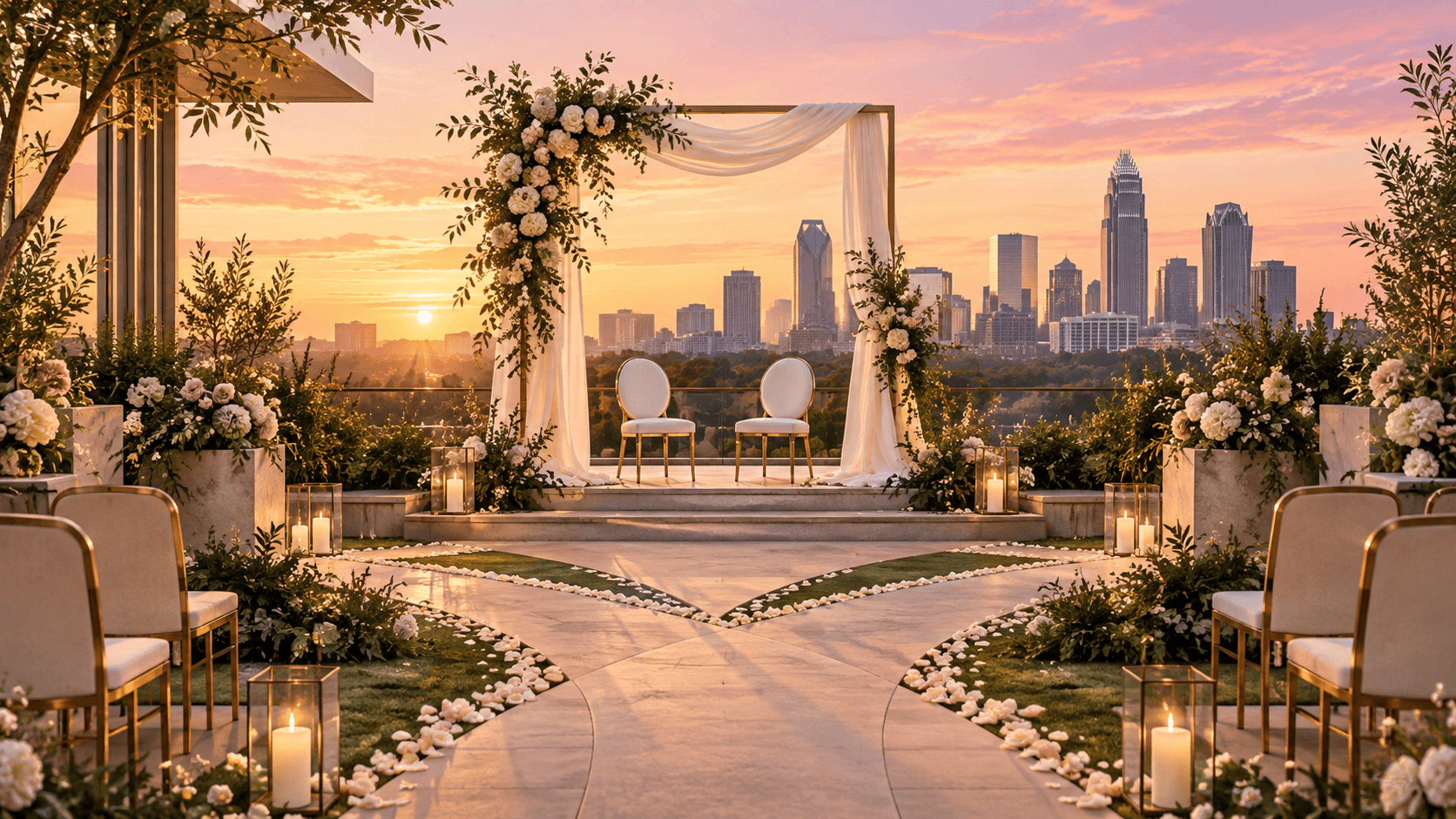 Two empty ceremony chairs overlooking an illustrated Charlotte skyline at sunset