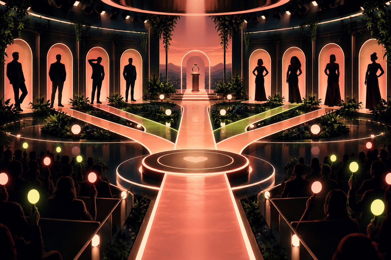 Anonymous dating-show contestants arranged around an illustrated live studio with branching illuminated paths and audience voting lights