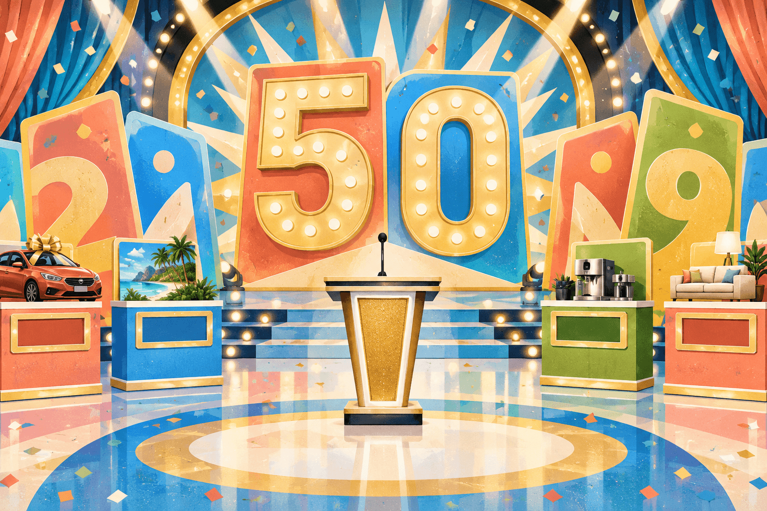 A colorful illustrated television game-show stage with prize podiums, spotlights and celebratory confetti