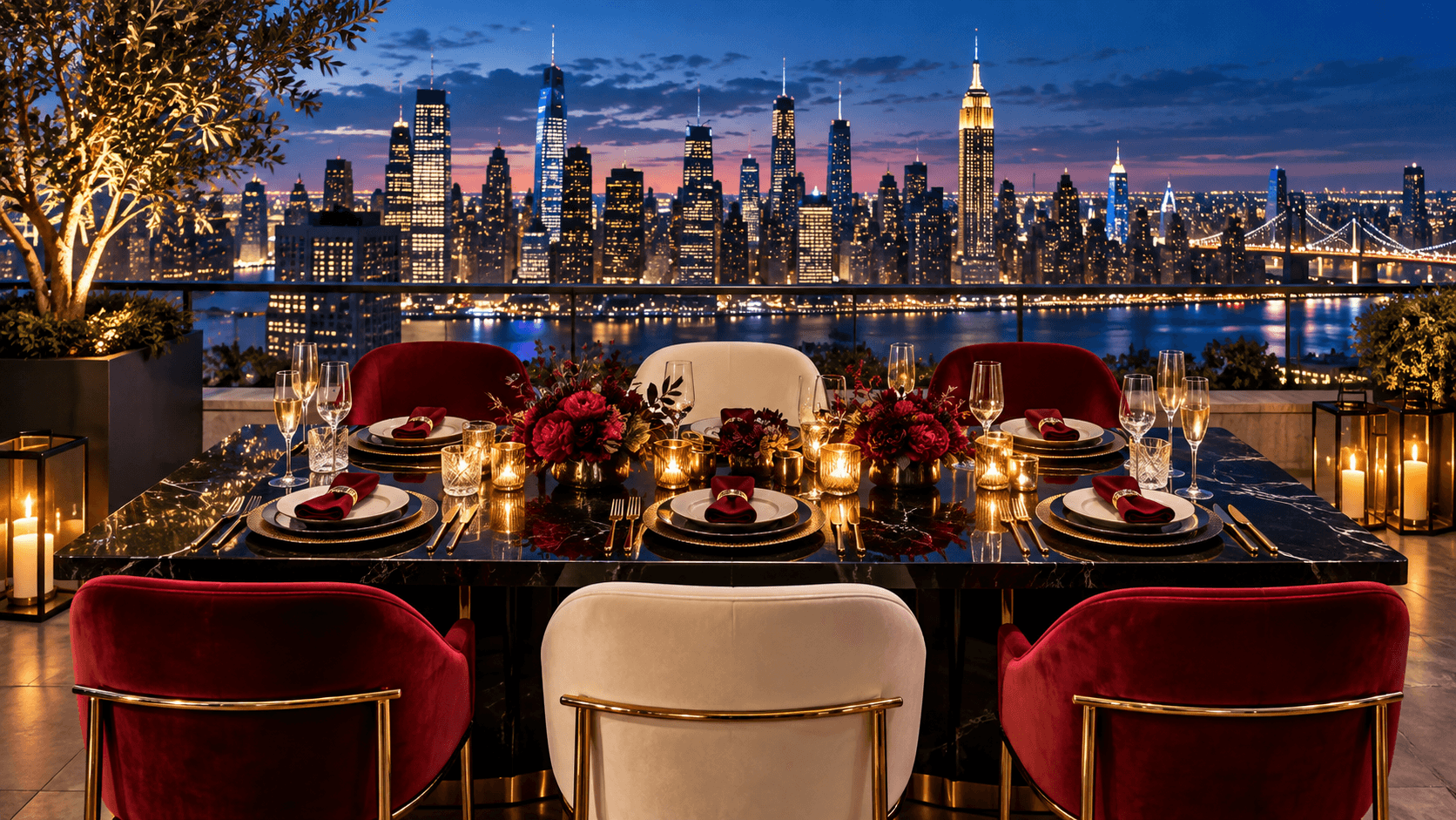 Six elegant place settings on an illustrated Manhattan rooftop at night