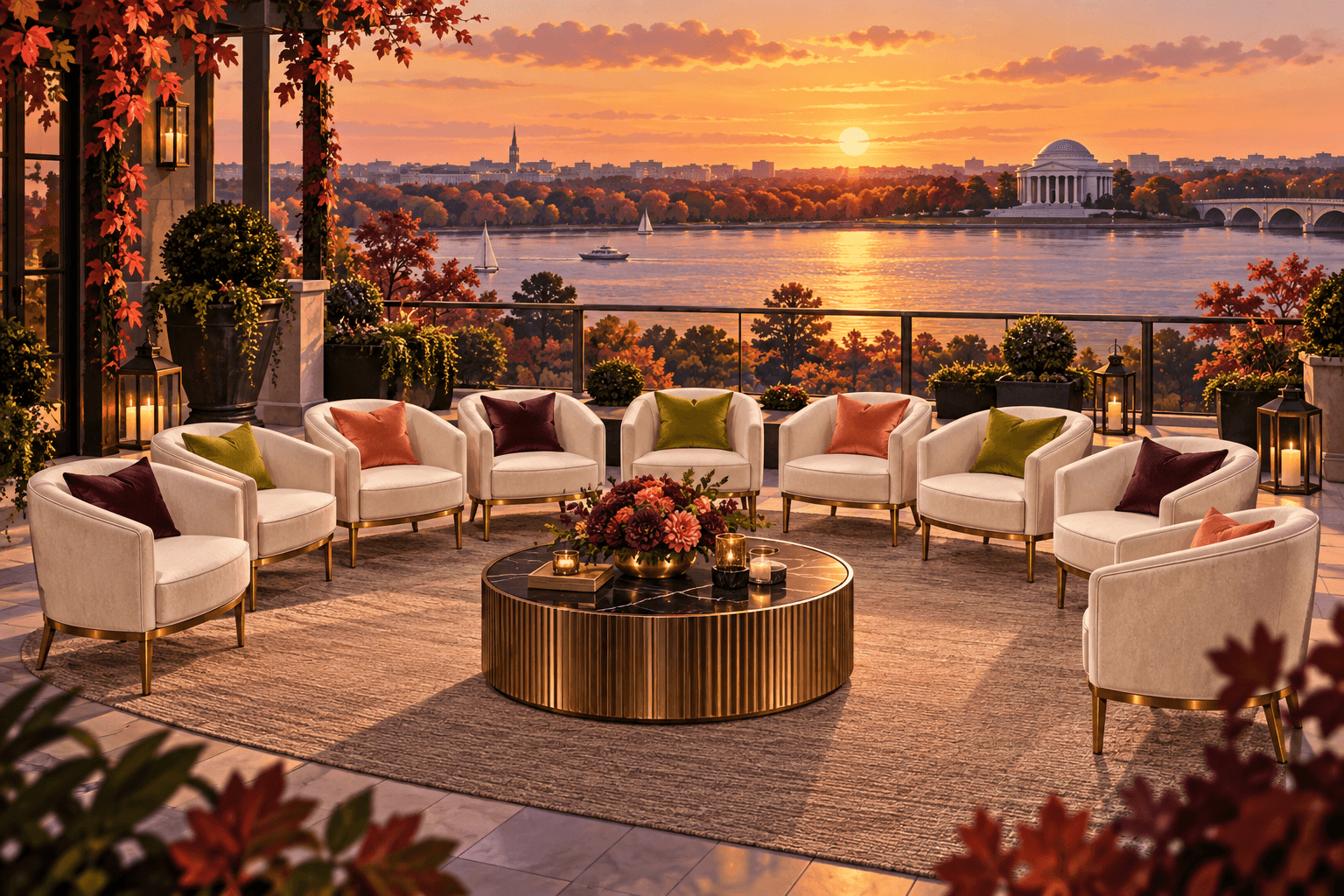 Nine empty statement chairs arranged on an elegant illustrated terrace overlooking the Potomac River at sunset