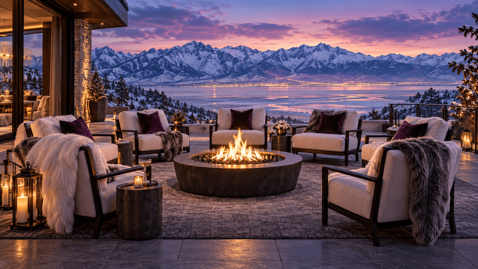 Seven empty lounge chairs around a fire overlooking illustrated snowy Utah mountains