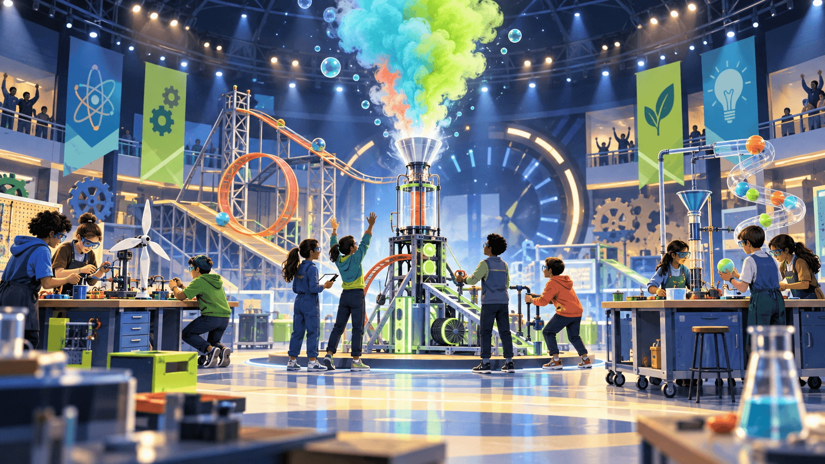 Anonymous young inventors collaborating in an illustrated science competition laboratory