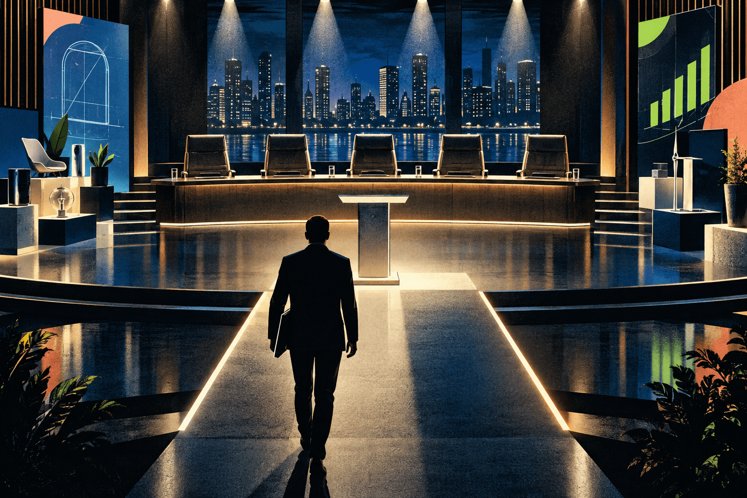 An anonymous entrepreneur approaching five empty investor chairs in an illustrated pitch room
