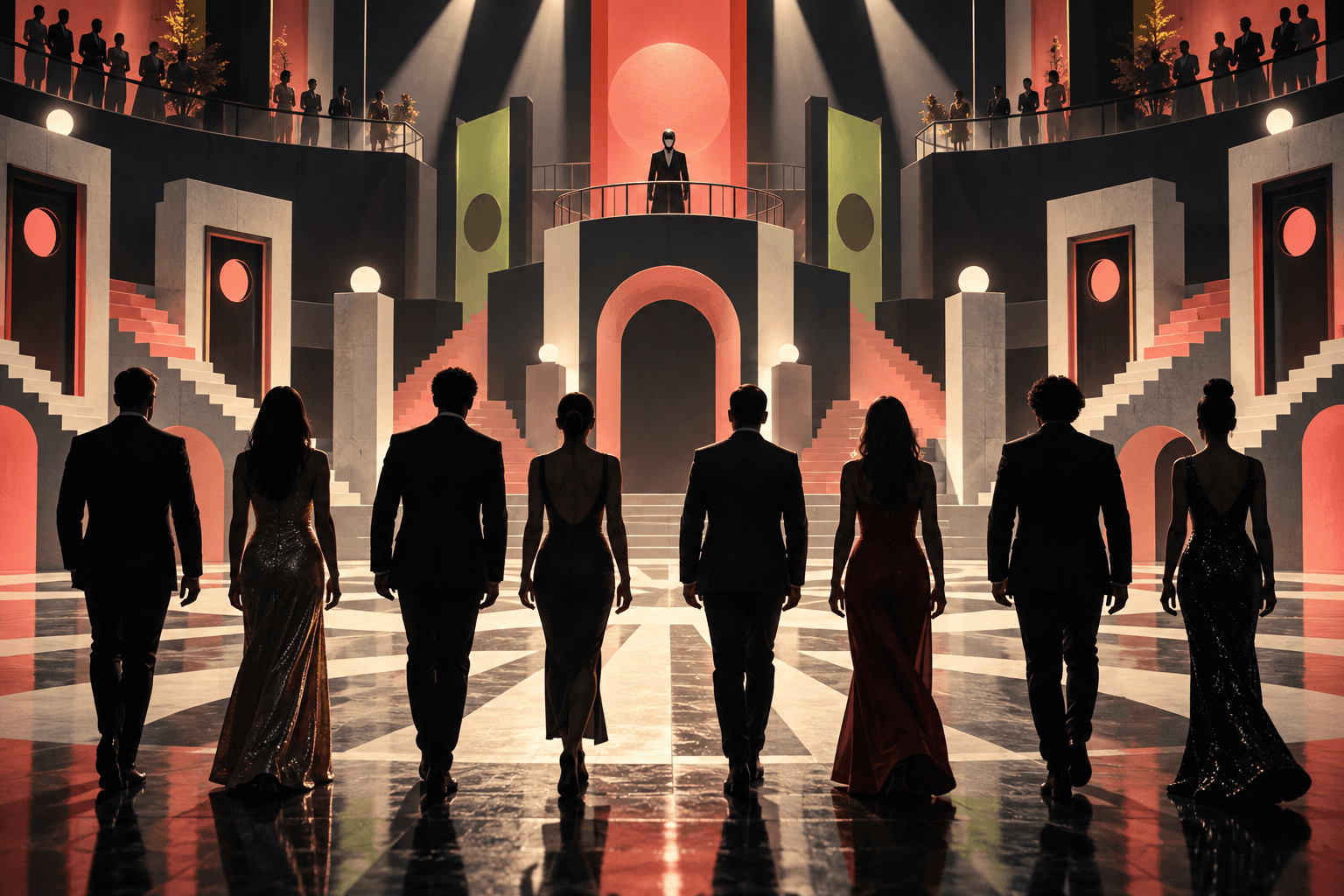 Eight anonymous formally dressed competitors entering an original illustrated geometric strategy-game arena