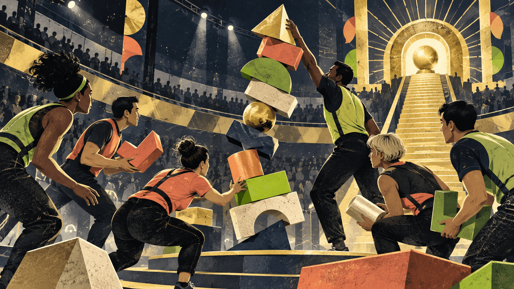 Six anonymous contestants building a colorful block tower toward a gold finish line in a television arena