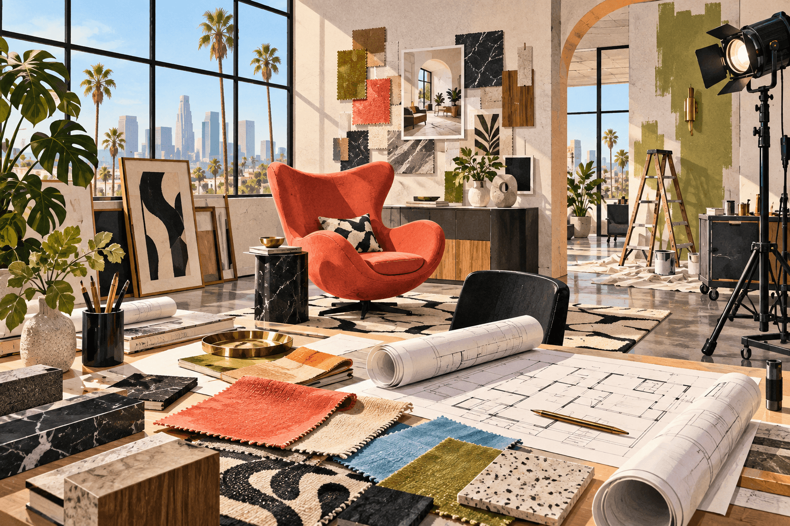 An illustrated Los Angeles interior design studio filled with plans, fabric samples and a coral statement chair