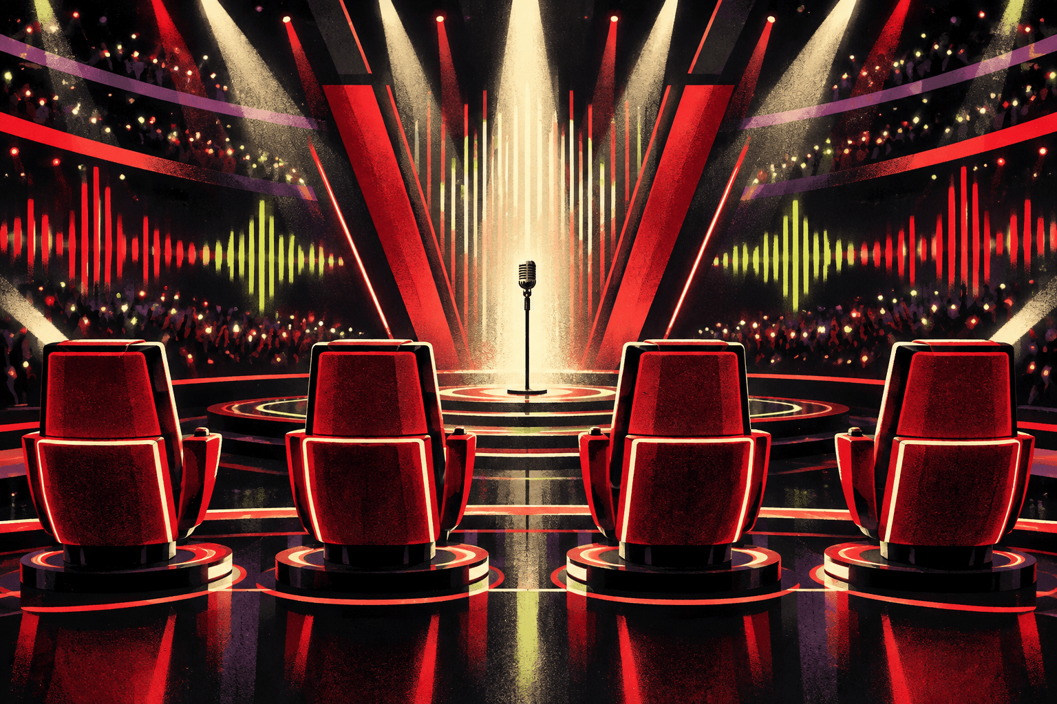 Four illustrated red competition chairs facing a microphone on a dramatic concert stage