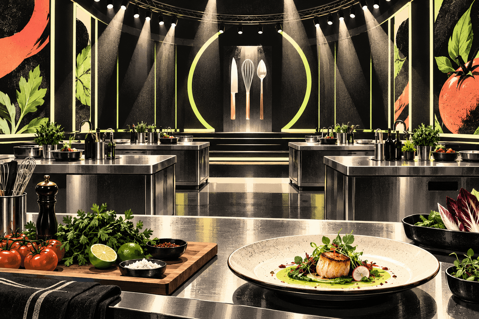 Original conceptual illustration of cooking competition stations, a plated dish and overhead studio lighting