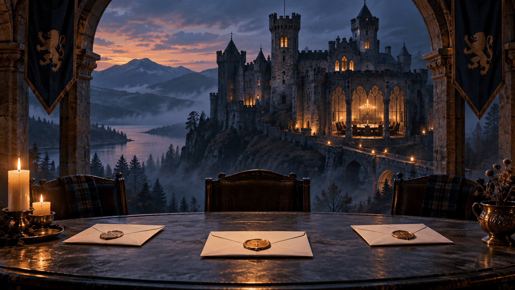 Three sealed invitations on a candlelit table overlooking an illustrated castle