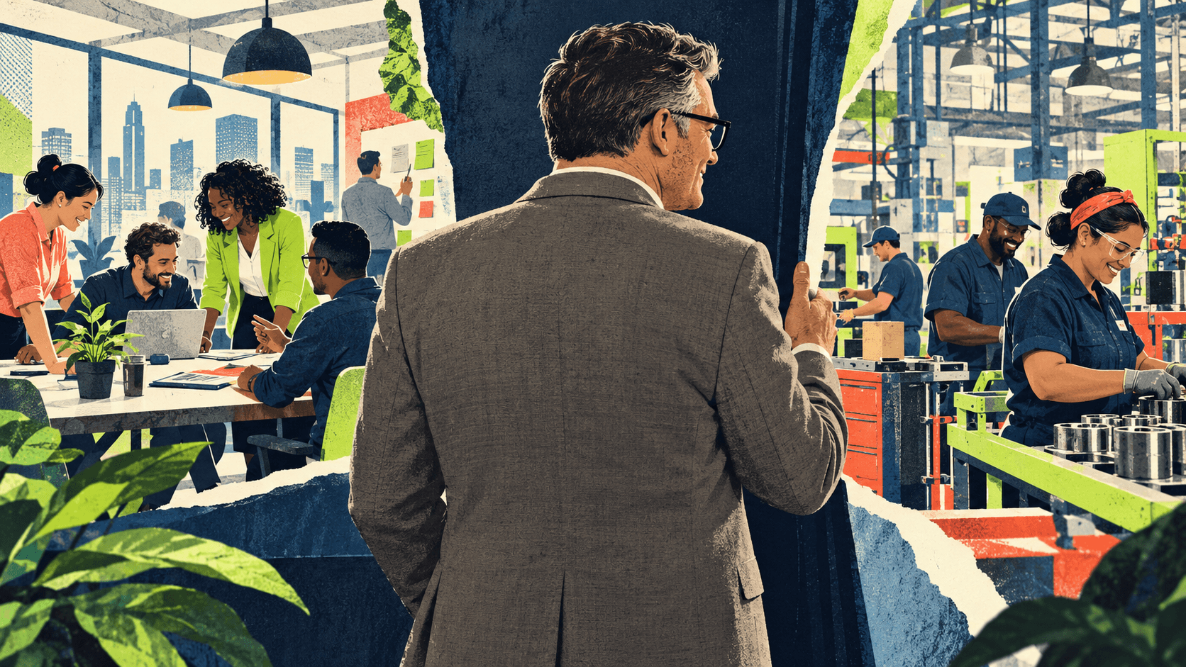 An anonymous host observing office and factory employees in a split workplace scene