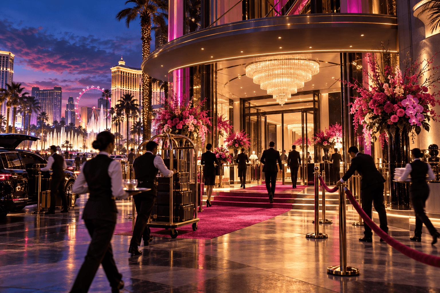 Anonymous hotel staff preparing a glamorous neon-lit Las Vegas entrance before opening night
